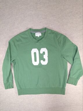Sun + Stone Green V-Neck Crewneck Sweatshirt White '03' Applique Size XL Is